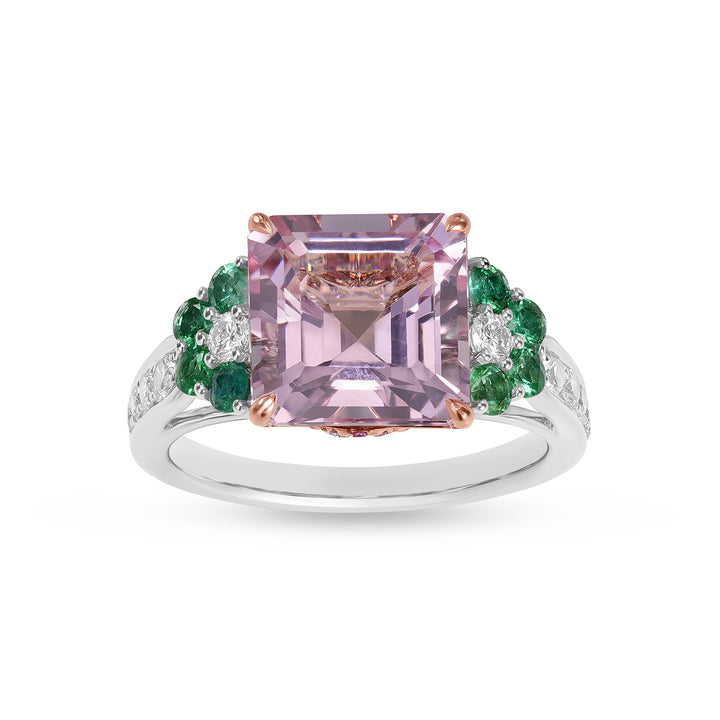 Emerald Cut Morganite, Emerald & Diamond Two-Tone Gold Statement Ring - Emerald Cut Morganite, Emerald & Diamond Two-Tone Gold Statement Ring