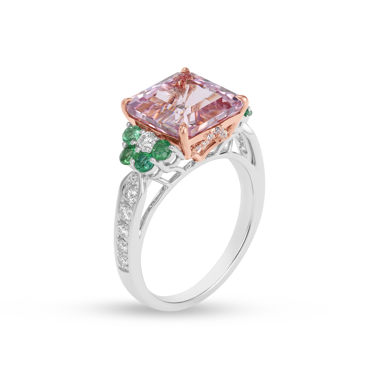 Emerald Cut Morganite, Emerald & Diamond Two-Tone Gold Statement Ring