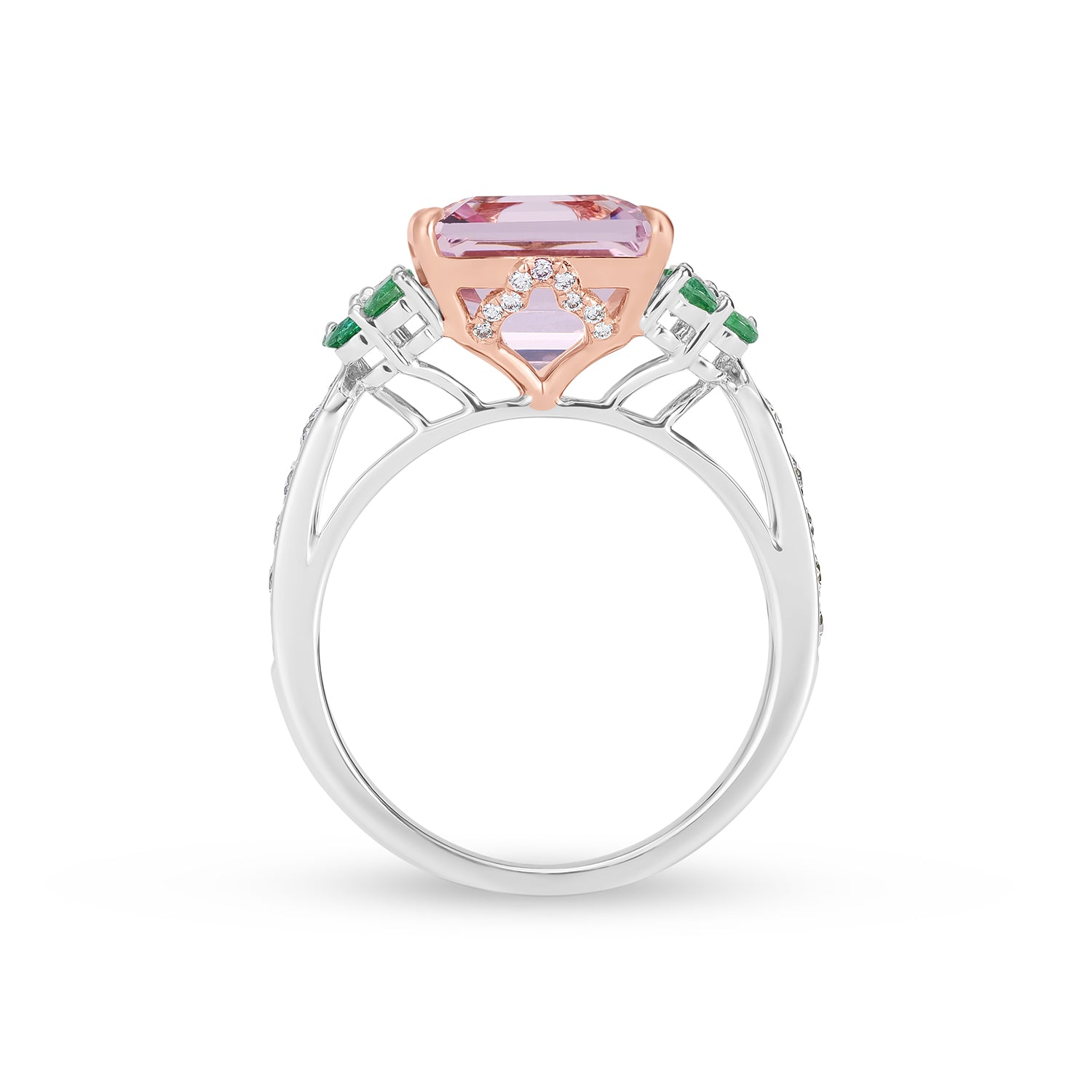 Emerald Cut Morganite, Emerald & Diamond Two-Tone Gold Statement Ring
