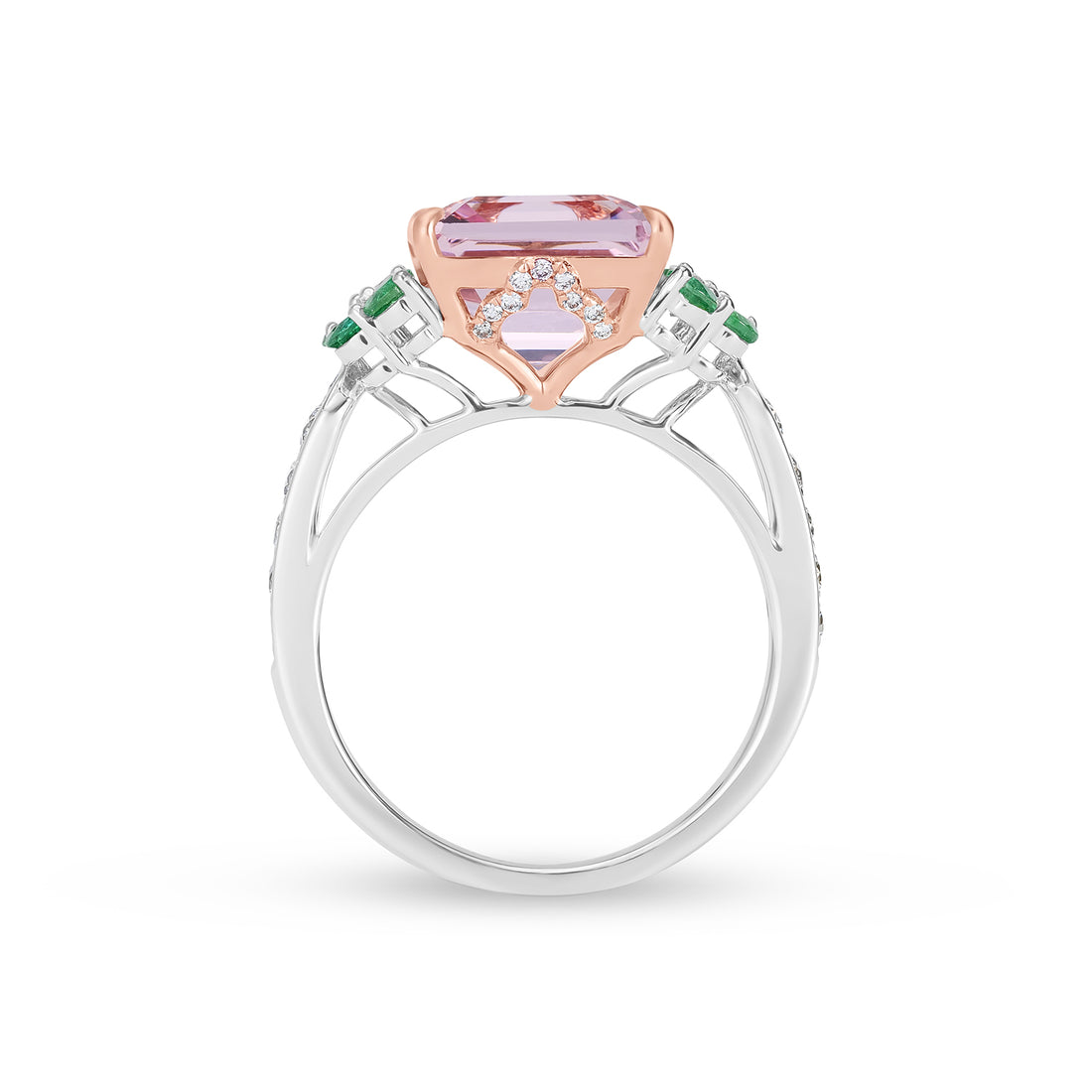 Emerald Cut Morganite, Emerald & Diamond Two-Tone Gold Statement Ring