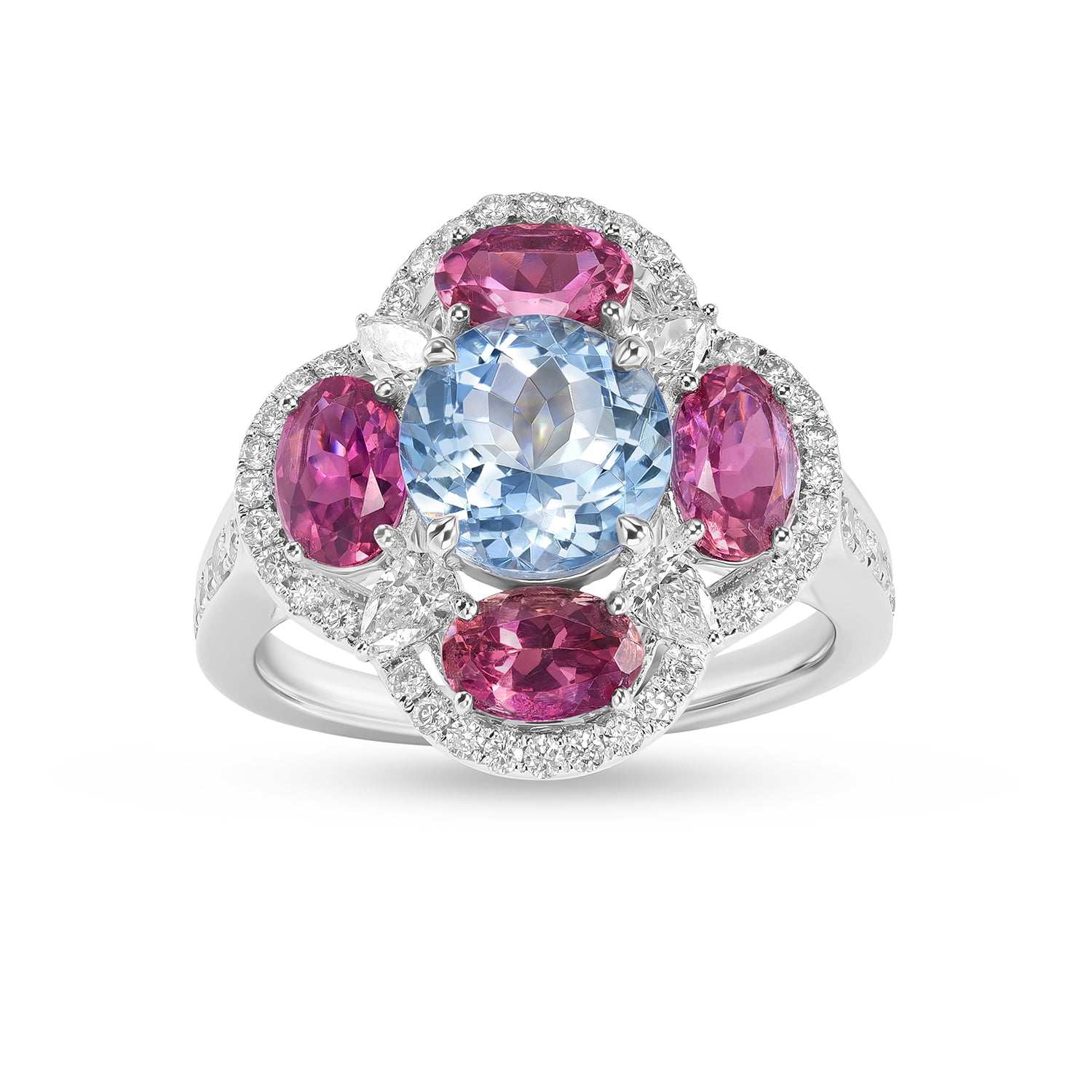14K White Gold Aquamarine, Pink Tourmaline & Diamond Floral Cluster Cocktail Ring