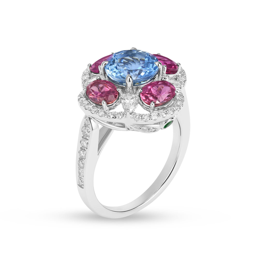 14K White Gold Aquamarine, Pink Tourmaline & Diamond Floral Cluster Cocktail Ring