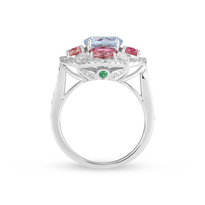 14K White Gold Aquamarine, Pink Tourmaline & Diamond Floral Cluster Cocktail Ring