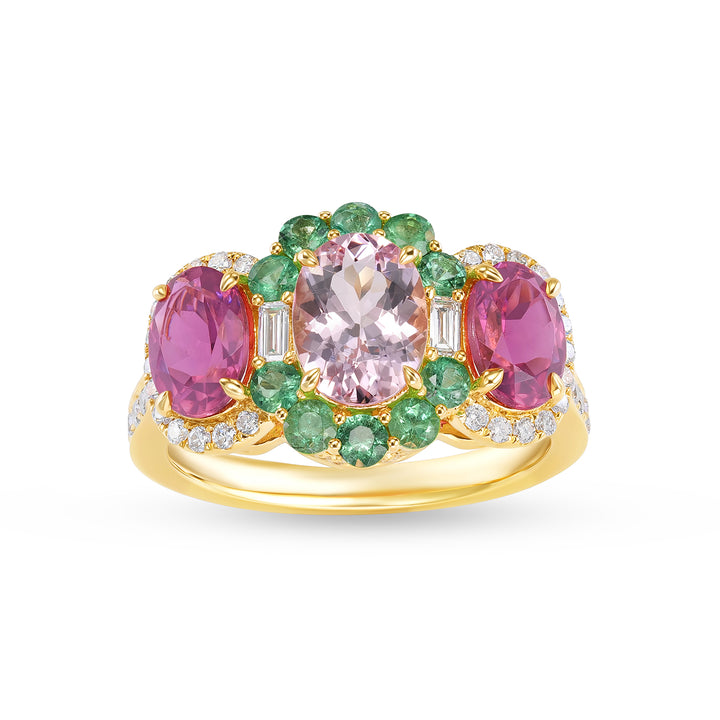 14K Yellow Gold Oval Morganite & Tourmaline Three-Stone Halo Cocktail Ring - 14K Yellow Gold Oval Morganite & Tourmaline Three-Stone Halo Cocktail Ring