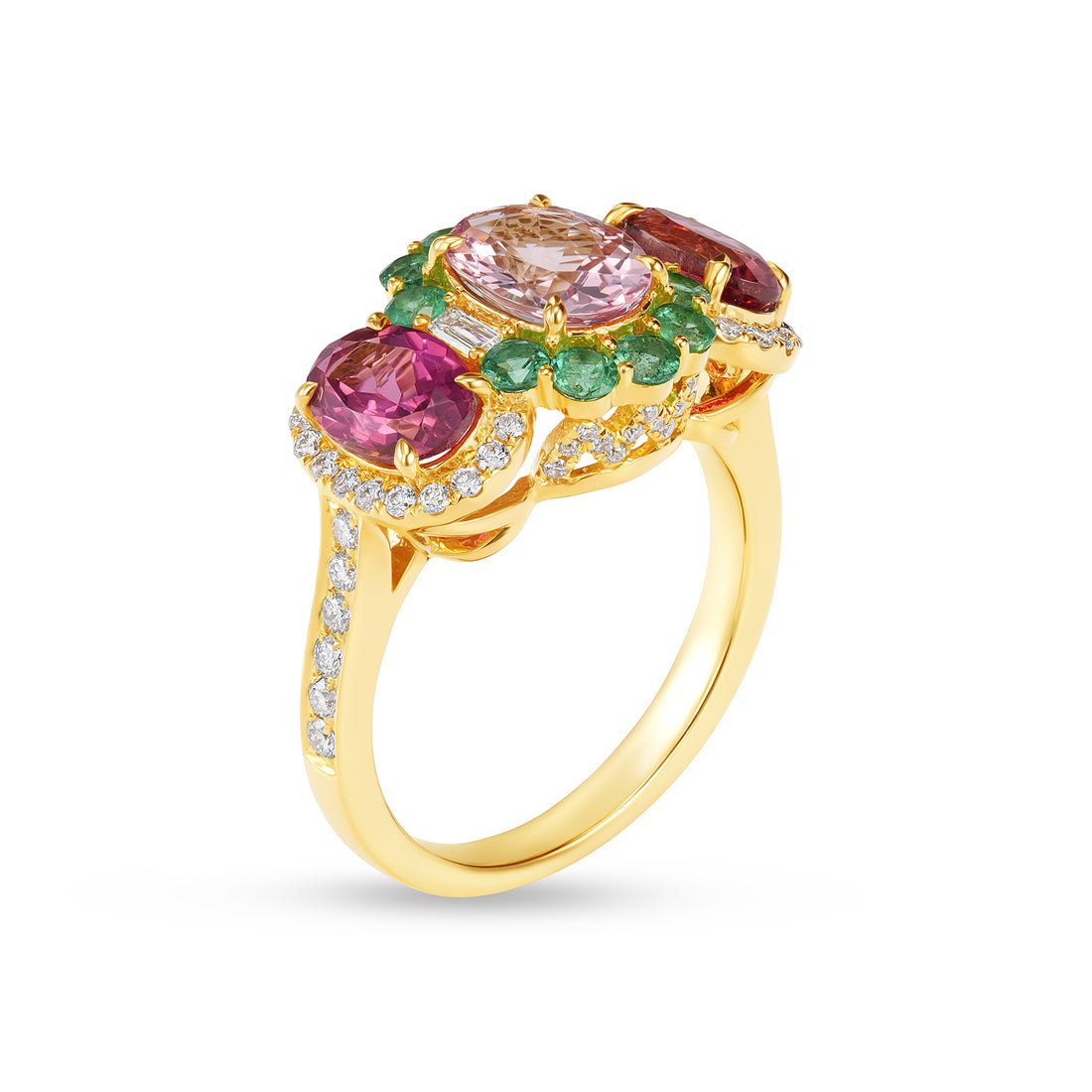 14K Yellow Gold Oval Morganite & Tourmaline Three-Stone Halo Cocktail Ring