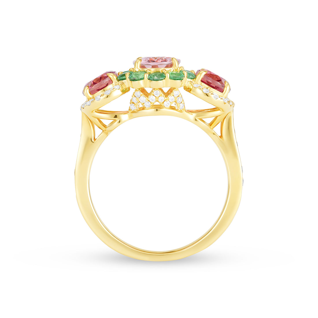 14K Yellow Gold Oval Morganite & Tourmaline Three-Stone Halo Cocktail Ring