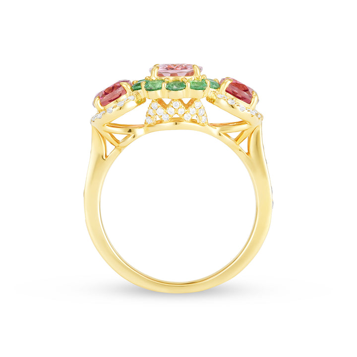 14K Yellow Gold Oval Morganite & Tourmaline Three-Stone Halo Cocktail Ring