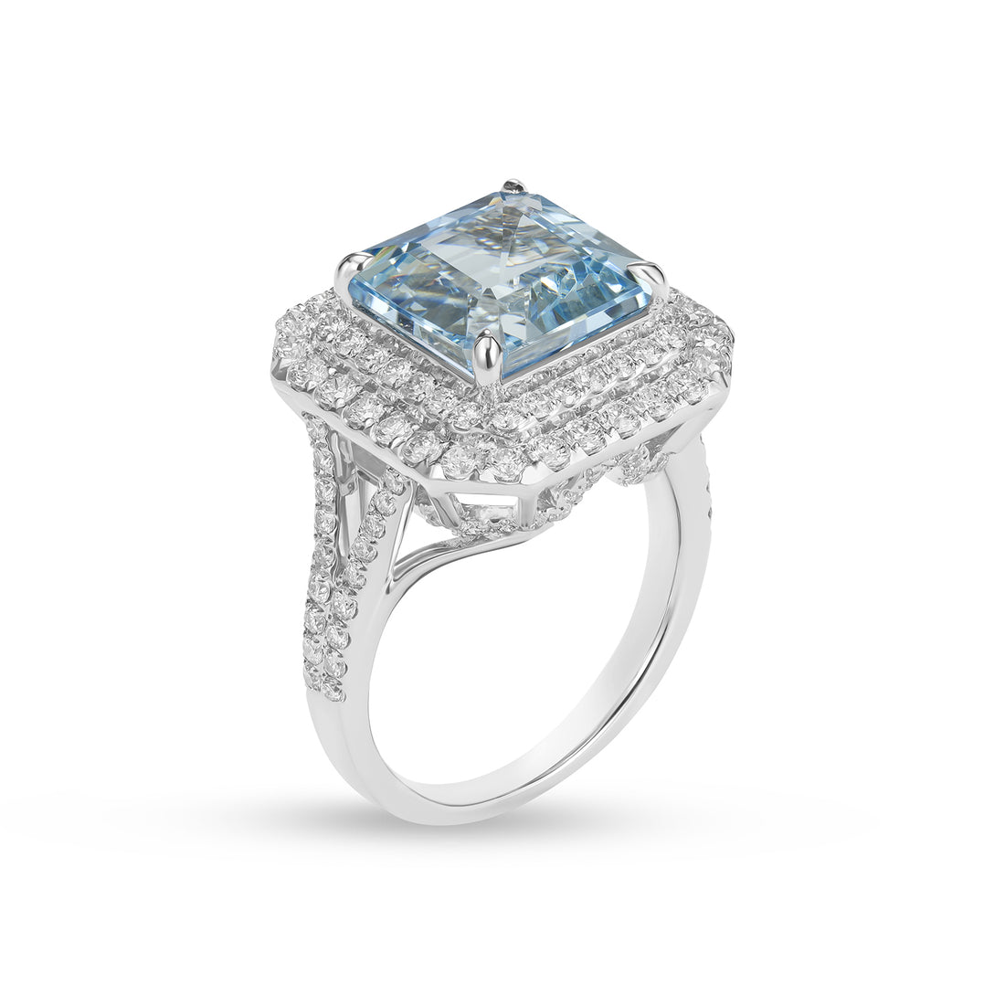 14K White Gold Square Radiant Cut Aquamarine Double Halo Diamond Ring – 4.95 Ct Gemstone Statement Ring