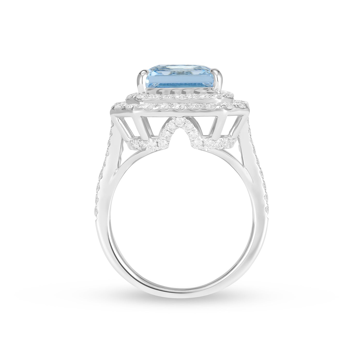 14K White Gold Square Radiant Cut Aquamarine Double Halo Diamond Ring – 4.95 Ct Gemstone Statement Ring
