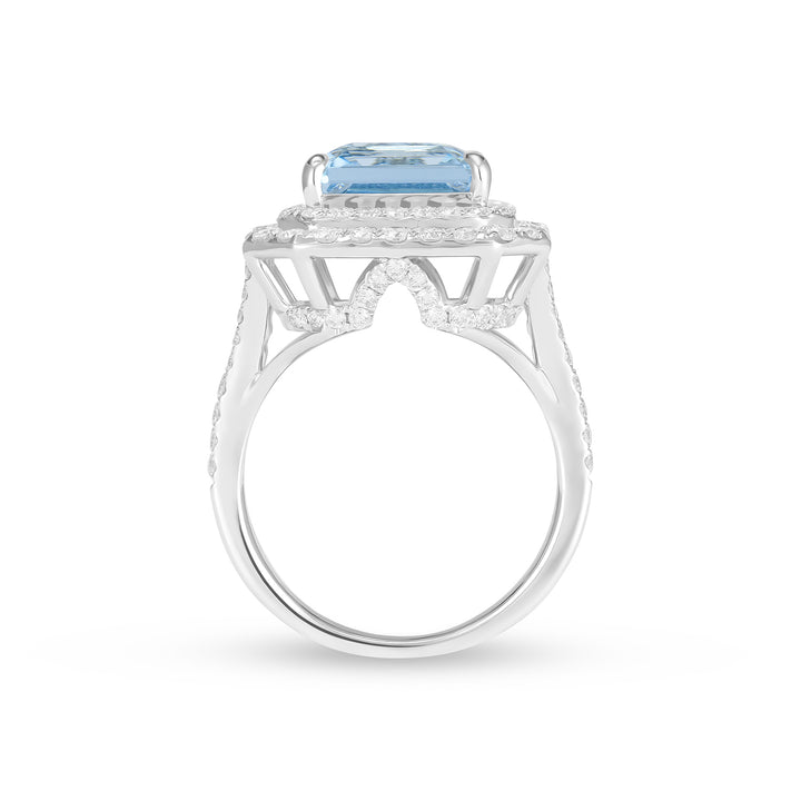 14K White Gold Square Radiant Cut Aquamarine Double Halo Diamond Ring – 4.95 Ct Gemstone Statement Ring