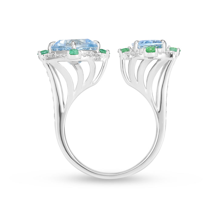 Toi et Moi Aquamarine & Emerald Open Bypass Ring | Cushion & Oval Cut | Diamond Halo | 14K White Gold