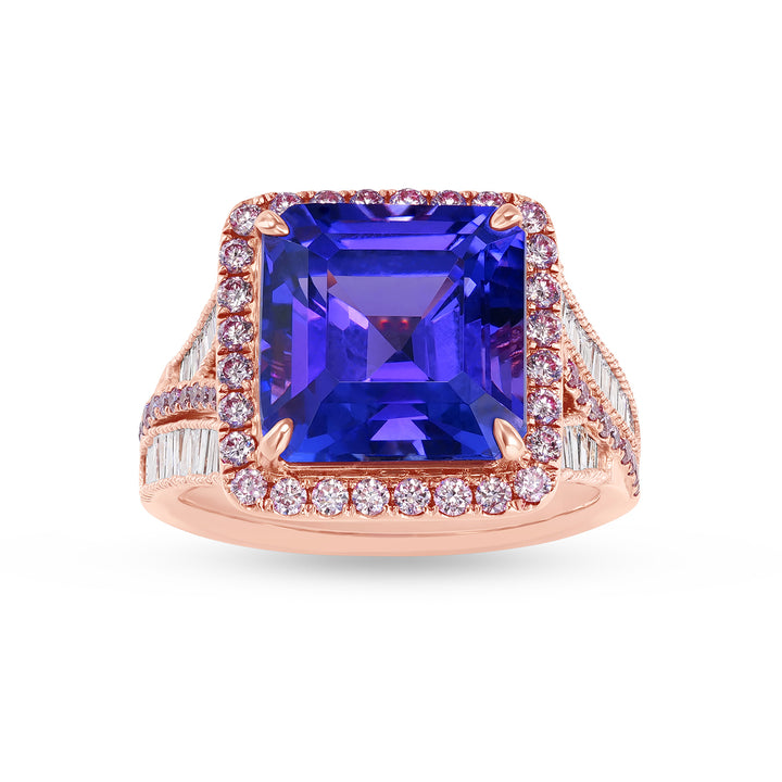 Natural Asscher Cut Tanzanite Diamond Halo Statement Ring in 14K Rose Gold - Natural Asscher Cut Tanzanite Diamond Halo Statement Ring in 14K Rose Gold