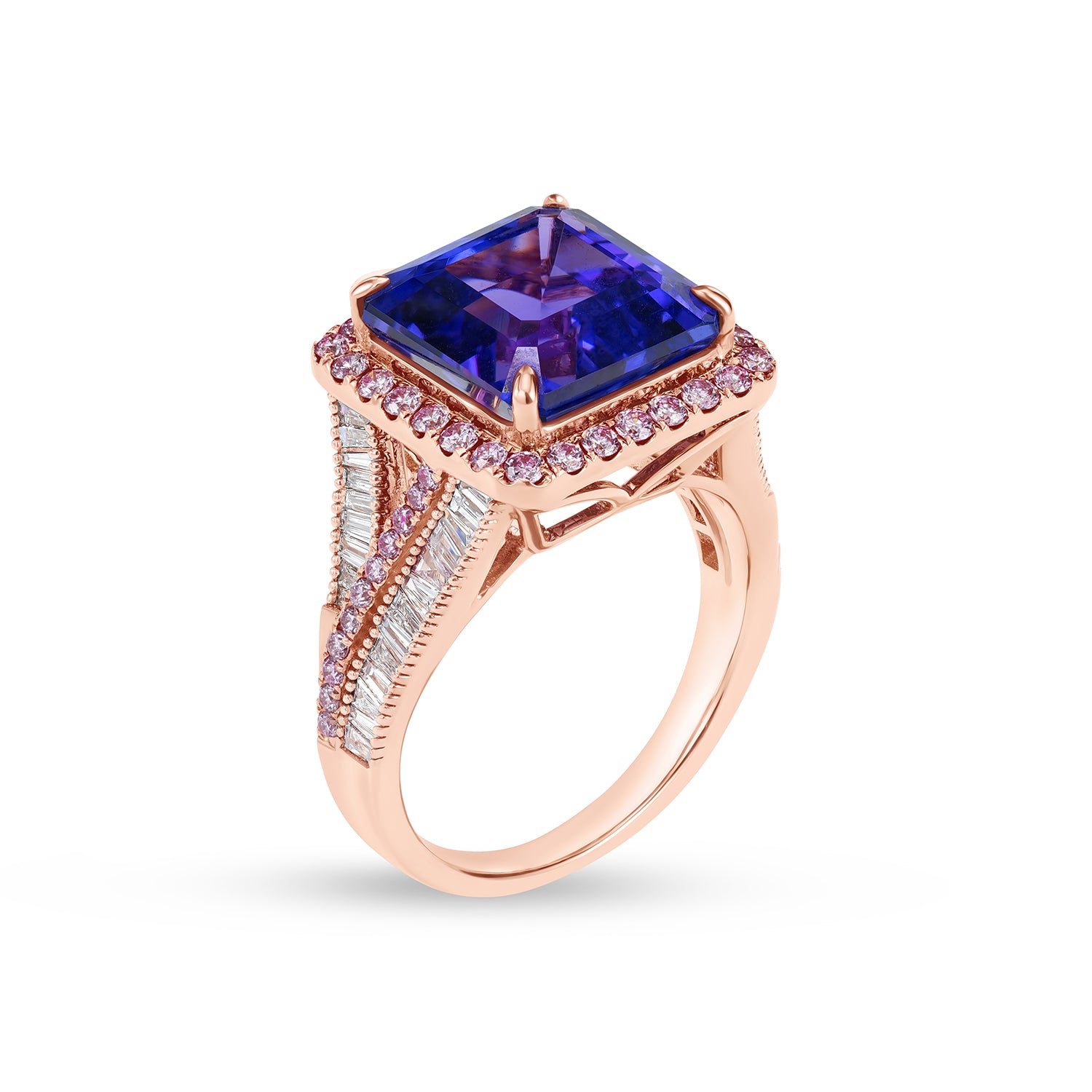 Natural Asscher Cut Tanzanite Diamond Halo Statement Ring in 14K Rose Gold