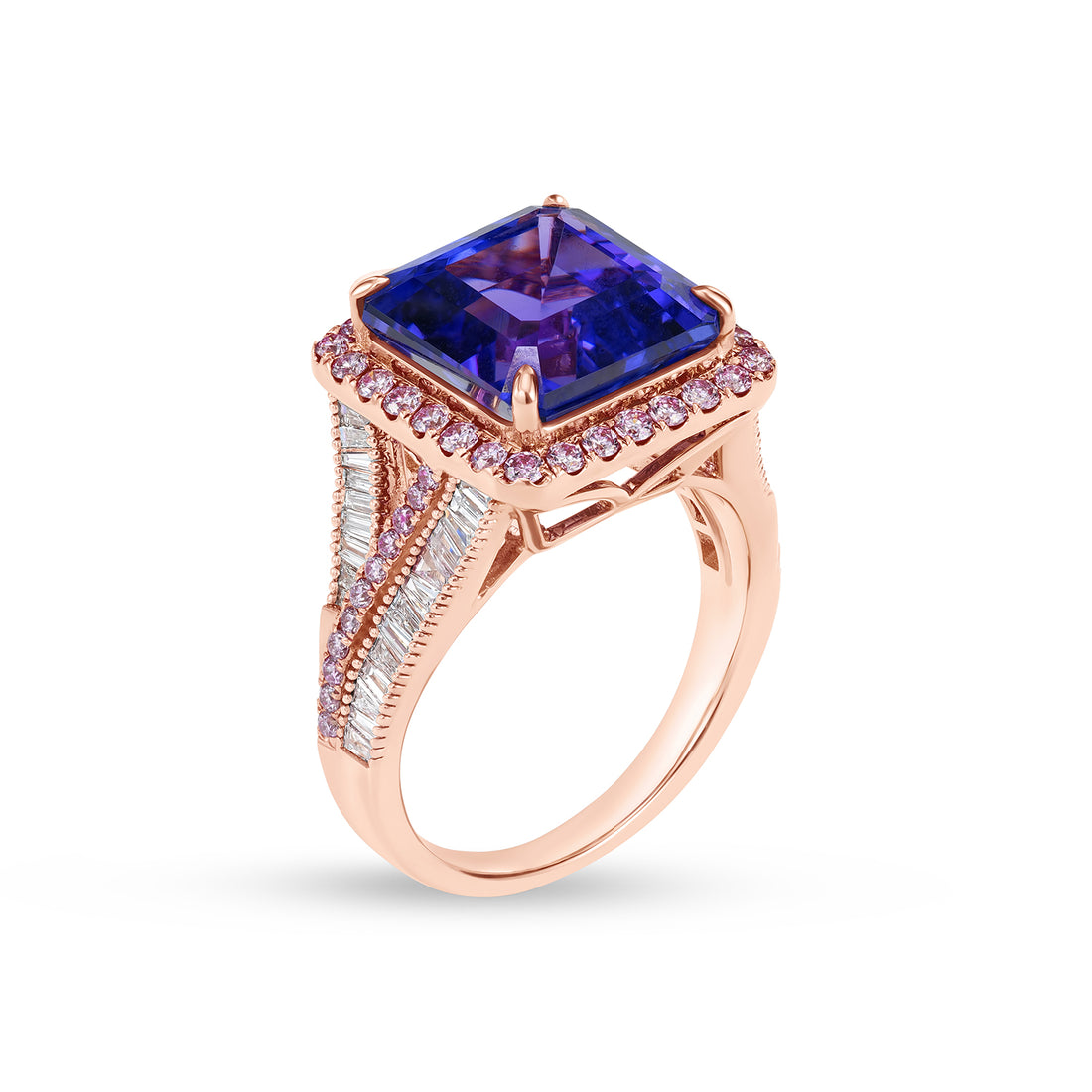 Natural Asscher Cut Tanzanite Diamond Halo Statement Ring in 14K Rose Gold
