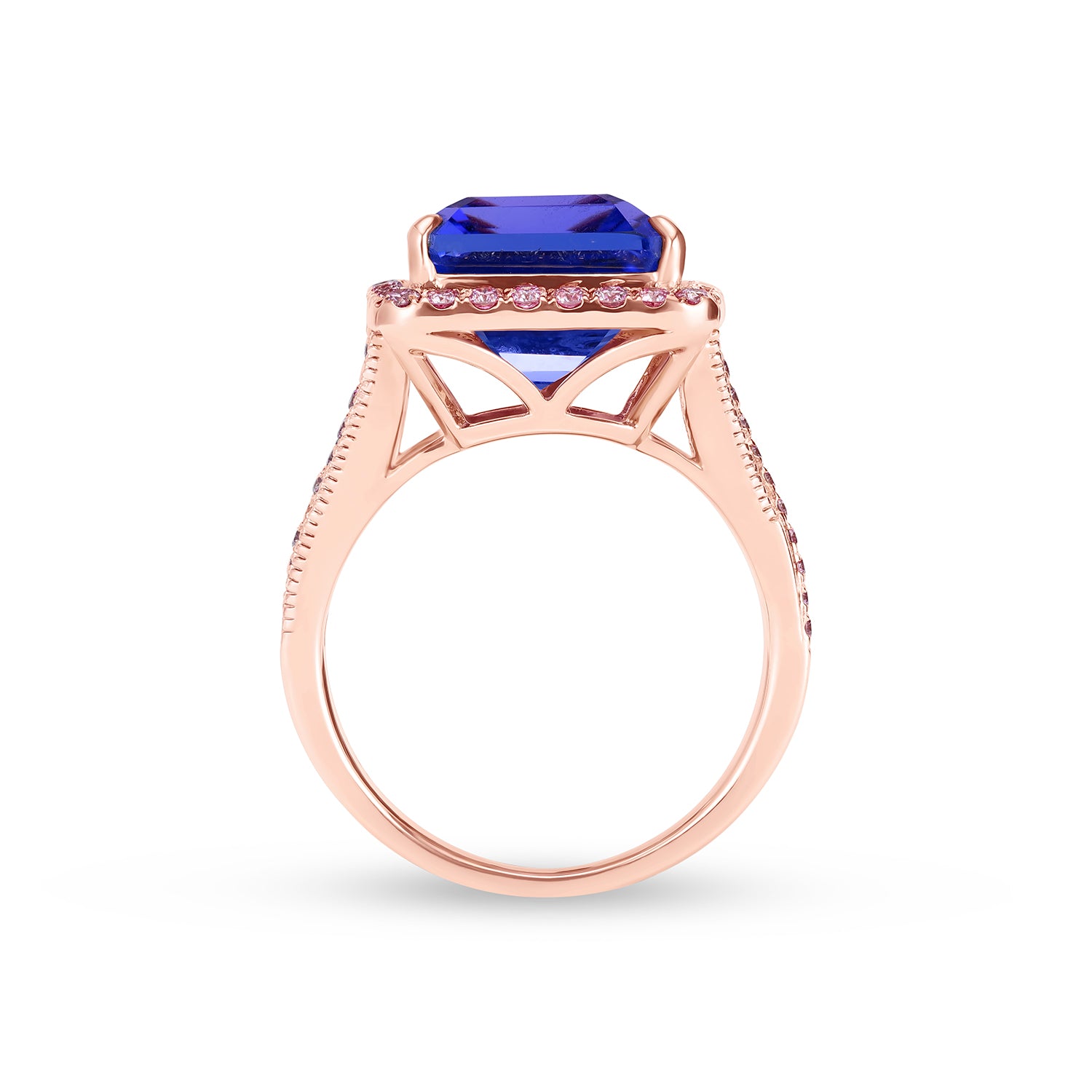 Natural Asscher Cut Tanzanite Diamond Halo Statement Ring in 14K Rose Gold