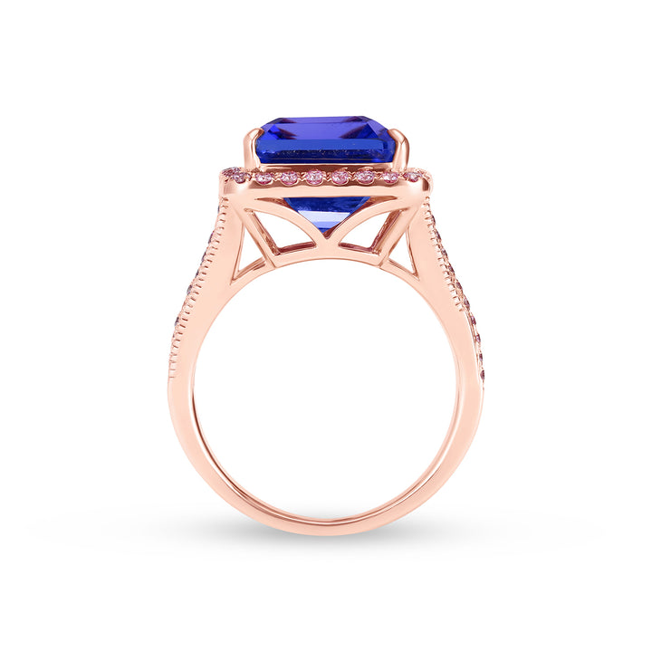 Natural Asscher Cut Tanzanite Diamond Halo Statement Ring in 14K Rose Gold