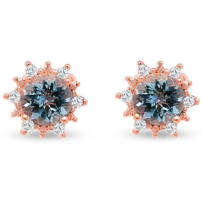 Round Aquamarine and CZ / 18K 1 MM Rose Metal Plated Sterling Silver 3.160 Ct / 1.64 Gm Earring BSGA02GE - Bluestargemstones - - 