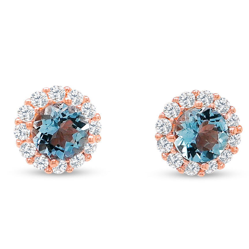 Round Aquamarine and White Round CZ / 18K 1MM Rose Metal Plated 925 Sterling Silver 8.30 cts / 2.19 Gm Earring PJC20729E - Bluestargemstones - - 