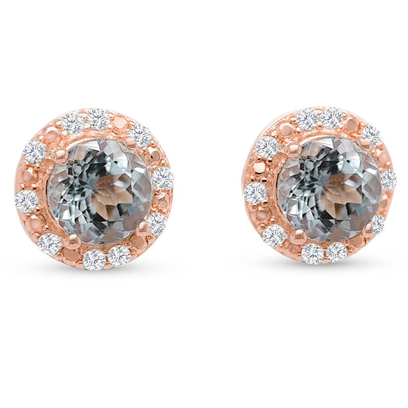 Round Aquamarine and White Round CZ / 18 K 1 MM Rose Metal Plated 925 Sterling Silver 14.160 cts / 2.12 Gm Earring PJC18409E - Bluestargemstones - - 