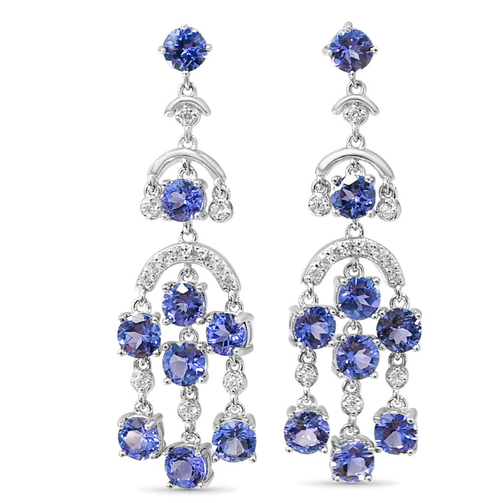 Round Tanzanite and Round White CZ Rhodium Plated 925 Sterling Silver 17.44 Cts / 5.33 Gm Earring PJC31654E - Bluestargemstones - - 