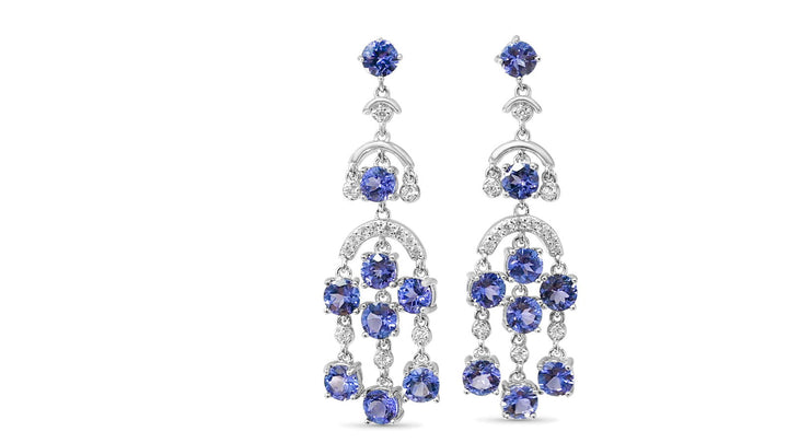 Round Tanzanite and Round White CZ Rhodium Plated 925 Sterling Silver 17.44 Cts / 5.33 Gm Earring PJC31654E - Bluestargemstones - - 