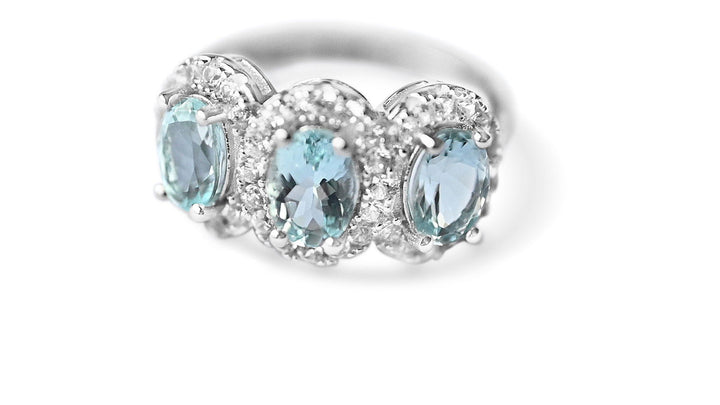 Three stone Oval Light Blue Aquamarine Sterling Silver Ring: Timeless Elegance (GTL19190R) - Bluestargemstones - -  - Stone Oval Light Blue Aquamarine Sterling Silver Ring: Timeless Elegance (GTL19190R)