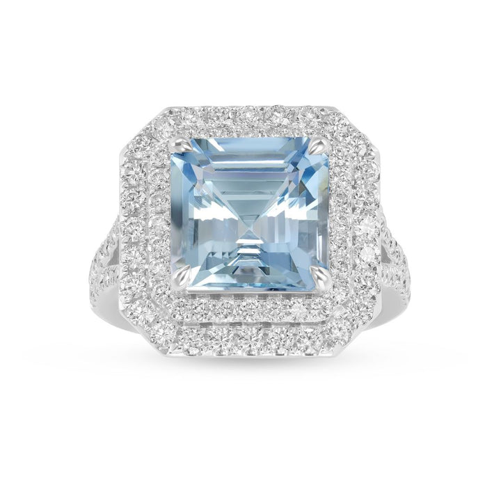14K White Gold Square Radiant Cut Aquamarine Double Halo Diamond Ring – 4.95 Ct Gemstone Statement Ring - 14K White Gold Square Radiant Cut Aquamarine Double Halo Diamond Ring – 4.95 Ct Gemstone Statement Ring
