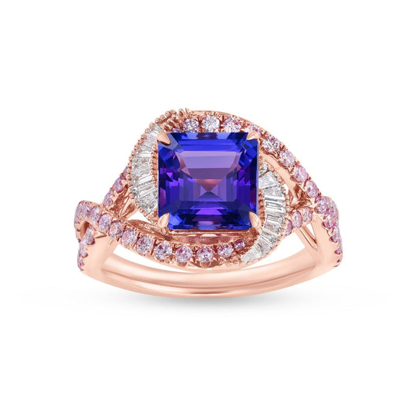 Natural Square Emerald Cut Tanzanite & Diamond Criss-Cross Halo Ring in 14K Rose Gold