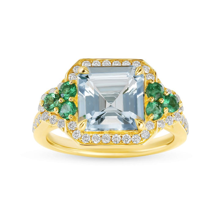Gold ring with emeralds and diamonds on a white background - 14K Yellow Gold Square Emerald Cut Aquamarine, Emerald & Diamond Halo Statement Ring