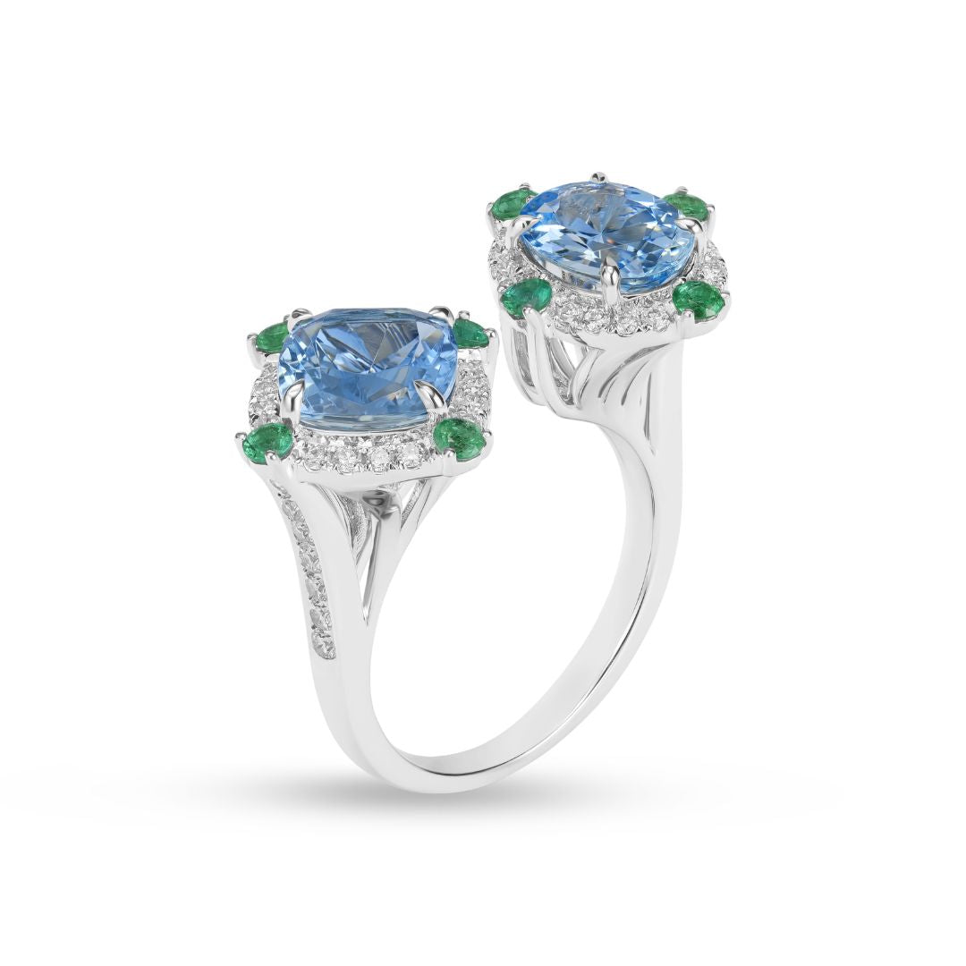 Toi et Moi Aquamarine & Emerald Open Bypass Ring | Cushion & Oval Cut | Diamond Halo | 14K White Gold
