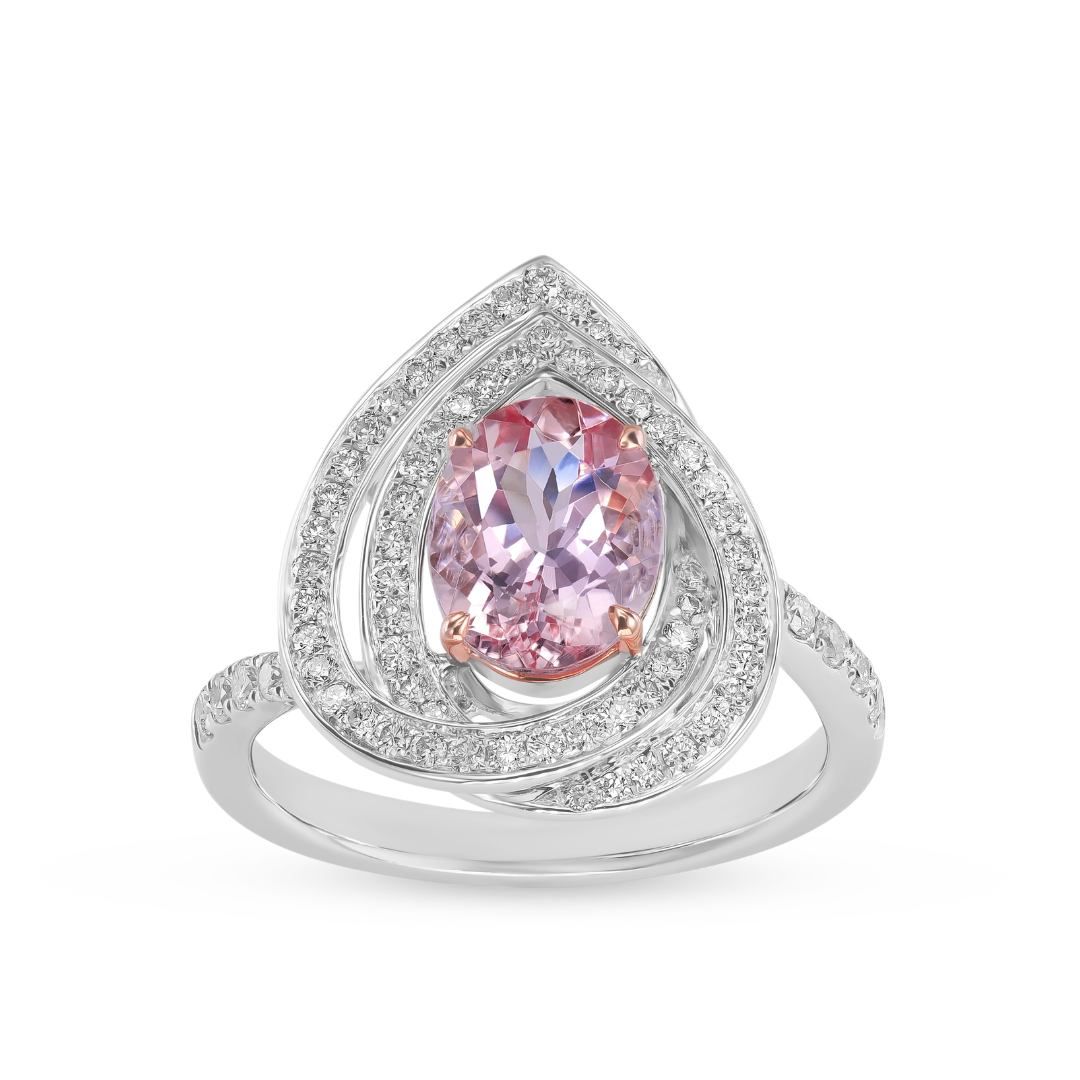 Pink Morganite Double Halo Engagement Ring - 14K White Gold, Diamond Accents