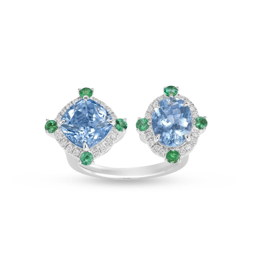 Toi et Moi Aquamarine & Emerald Open Bypass Ring | Cushion & Oval Cut | Diamond Halo | 14K White Gold