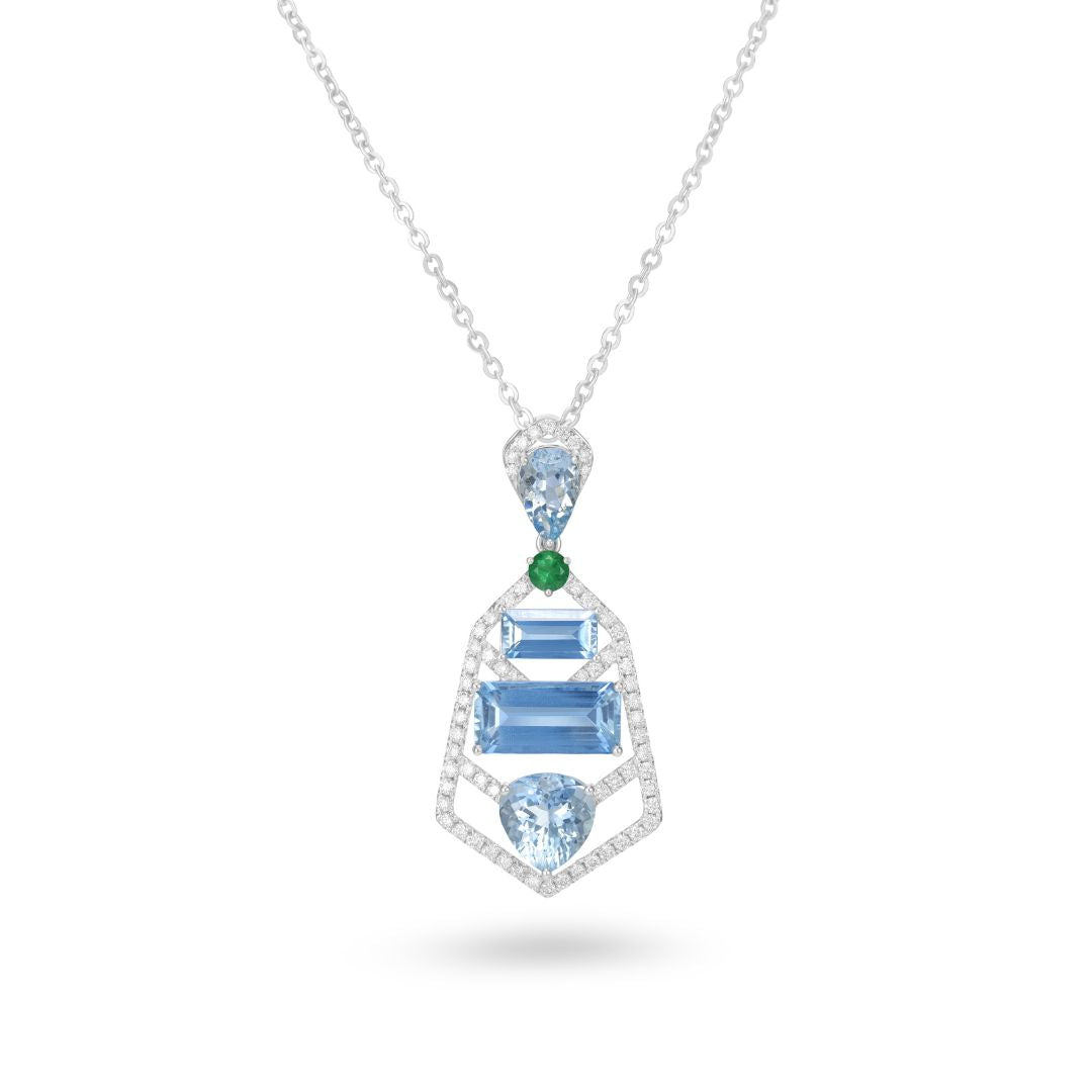 14K White Gold Aquamarine Emerald & Diamond Geometric Pendant