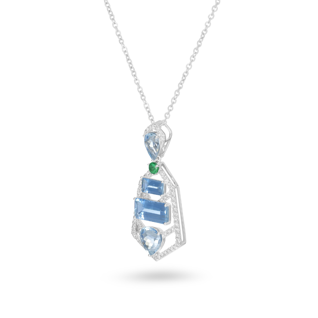 14K White Gold Aquamarine Emerald & Diamond Geometric Pendant