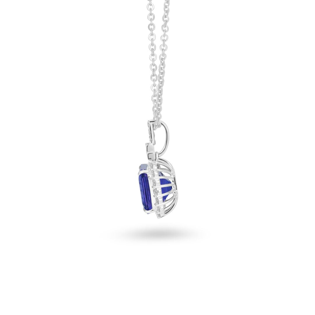 14K White Gold Oval Tanzanite & Diamond Halo Pendant