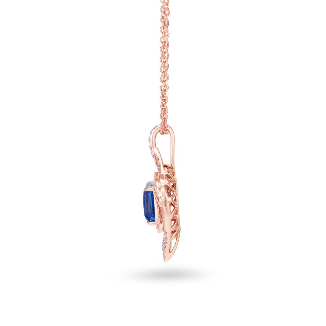 Natural Square Emerald Cut Tanzanite & Diamond Halo Drop Pendant Necklace in 14K Rose Gold