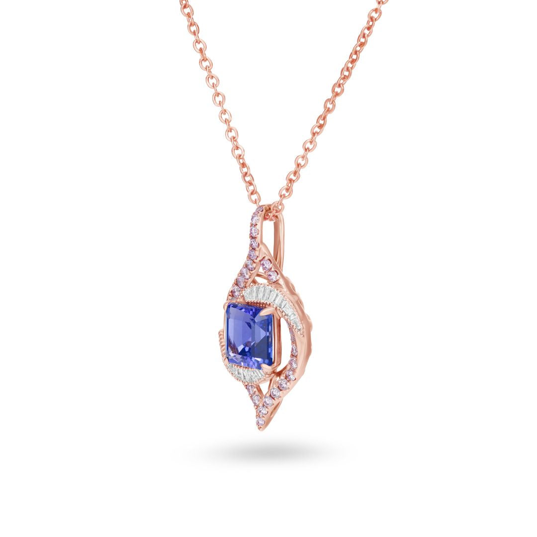 Natural Square Emerald Cut Tanzanite & Diamond Halo Drop Pendant Necklace in 14K Rose Gold