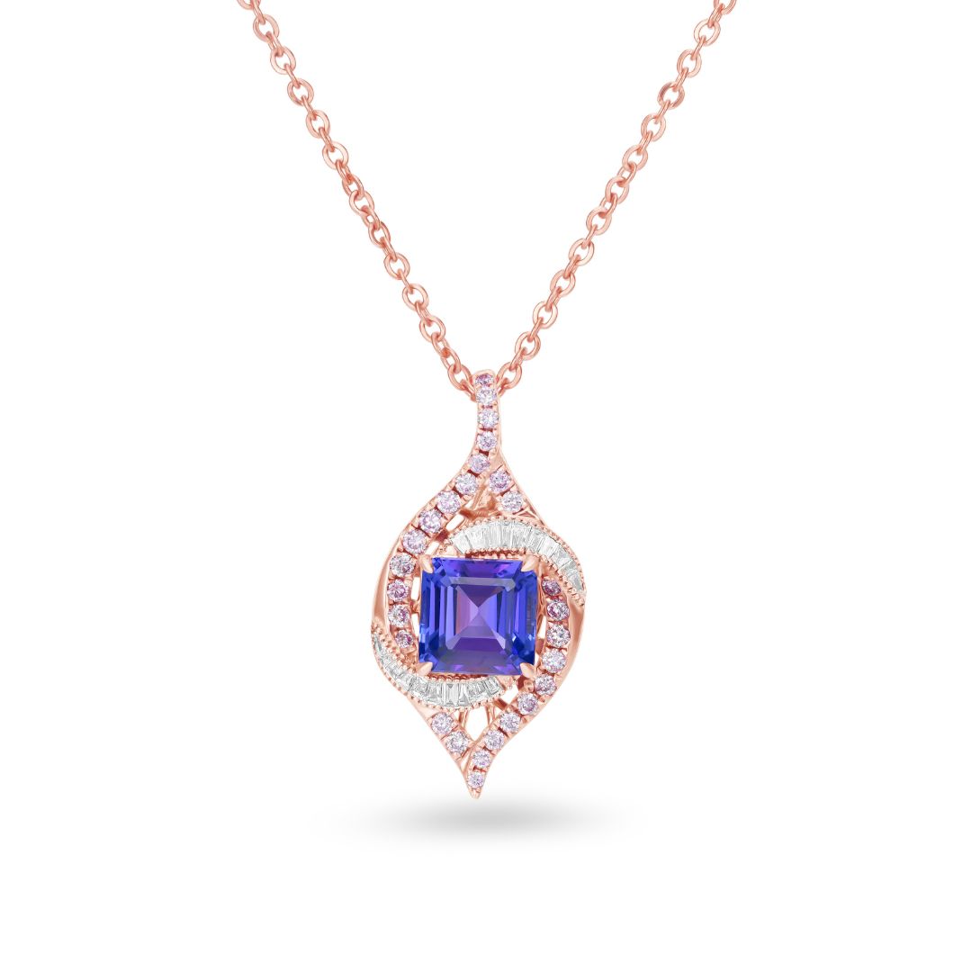 Natural Square Emerald Cut Tanzanite & Diamond Halo Drop Pendant Necklace in 14K Rose Gold