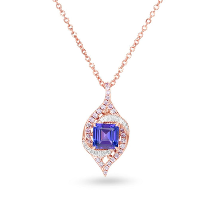 Natural Square Emerald Cut Tanzanite & Diamond Halo Drop Pendant Necklace in 14K Rose Gold - Natural Square Emerald Cut Tanzanite & Diamond Halo Drop Pendant Necklace in 14K Rose Gold