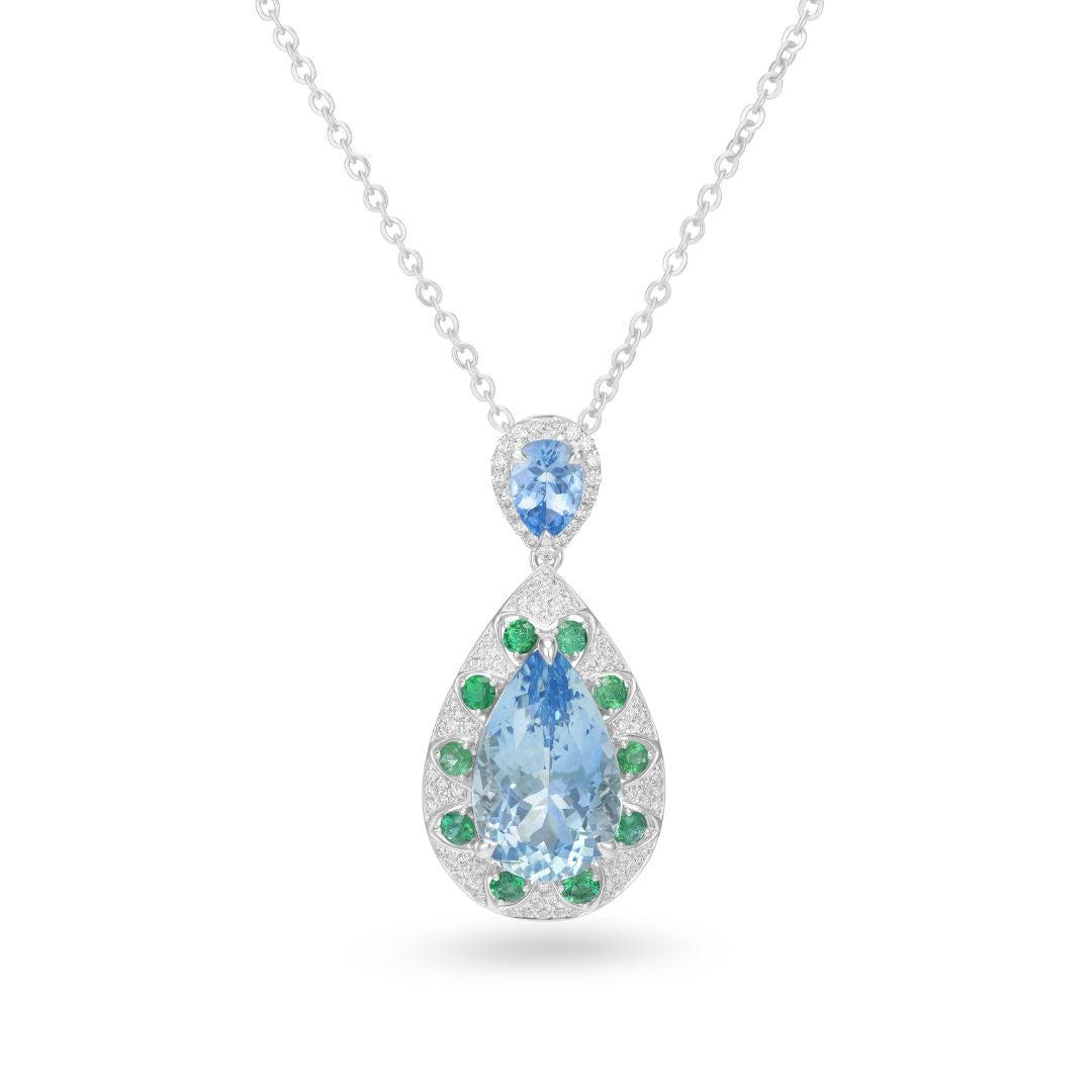 Luxury Aquamarine Emerald Diamond Pendant in 14K White Gold