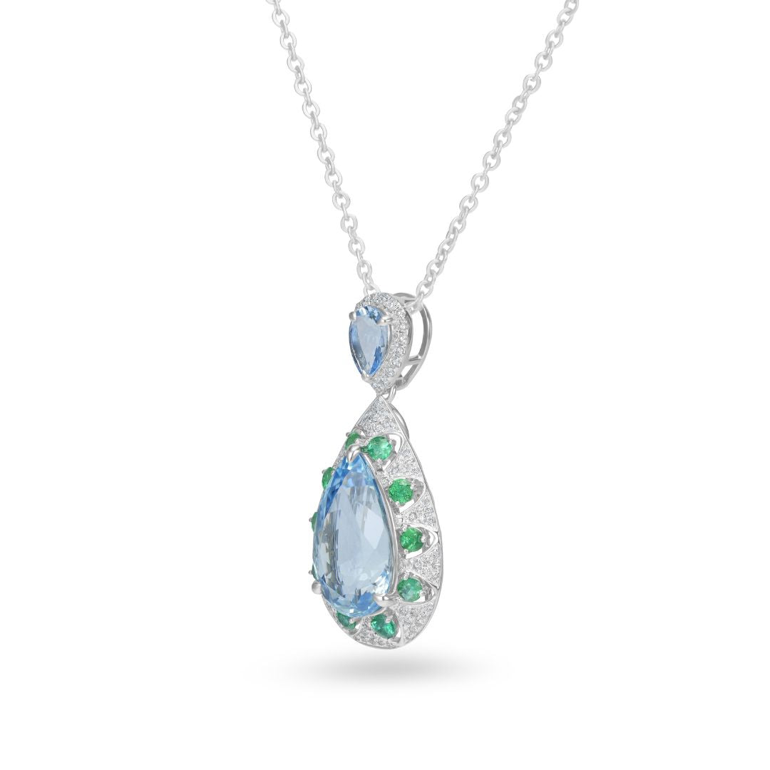Luxury Aquamarine Emerald Diamond Pendant in 14K White Gold
