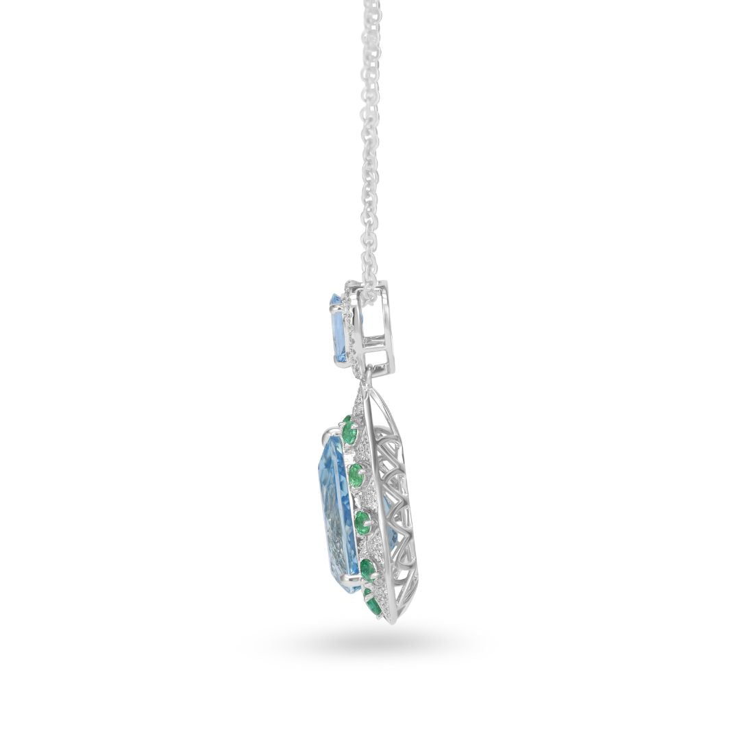 Luxury Aquamarine Emerald Diamond Pendant in 14K White Gold