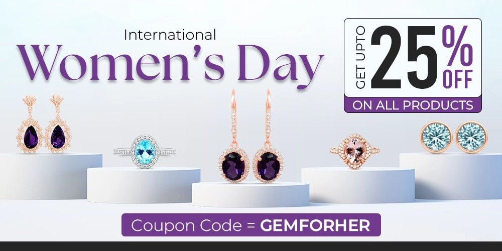 Jewelry display with 'International Women's Day' promotion and discount offer.