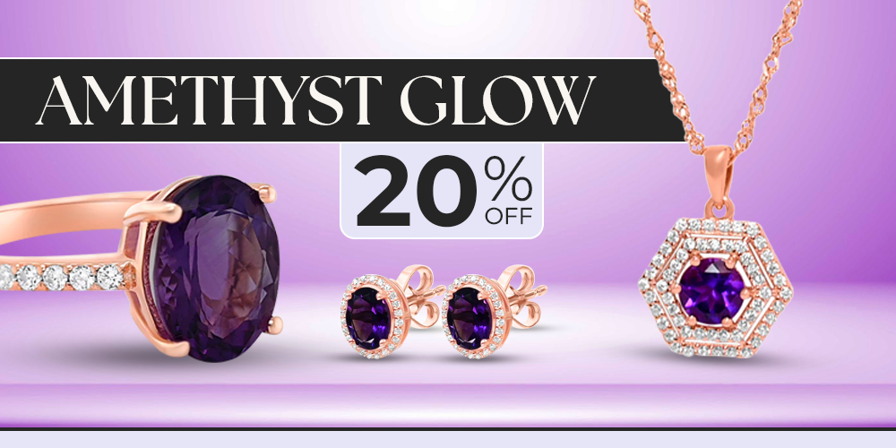 Jewelry set with amethyst stones on a purple background, featuring a necklace, ring, and earrings with a '20% off' discount label.