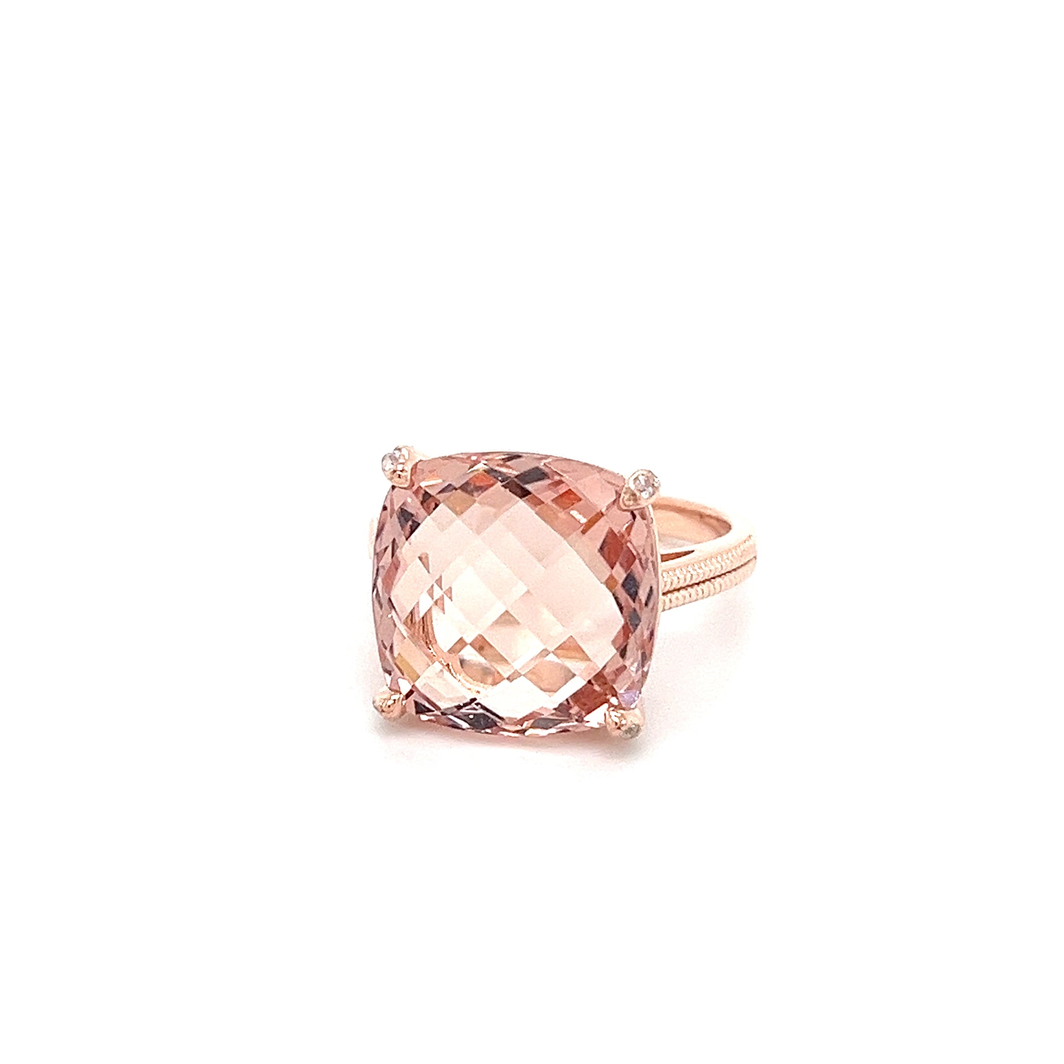 14x14mm cushion pink morganite ring set in 18K rose gold, ideal 18K rose gold morganite jewelry piece