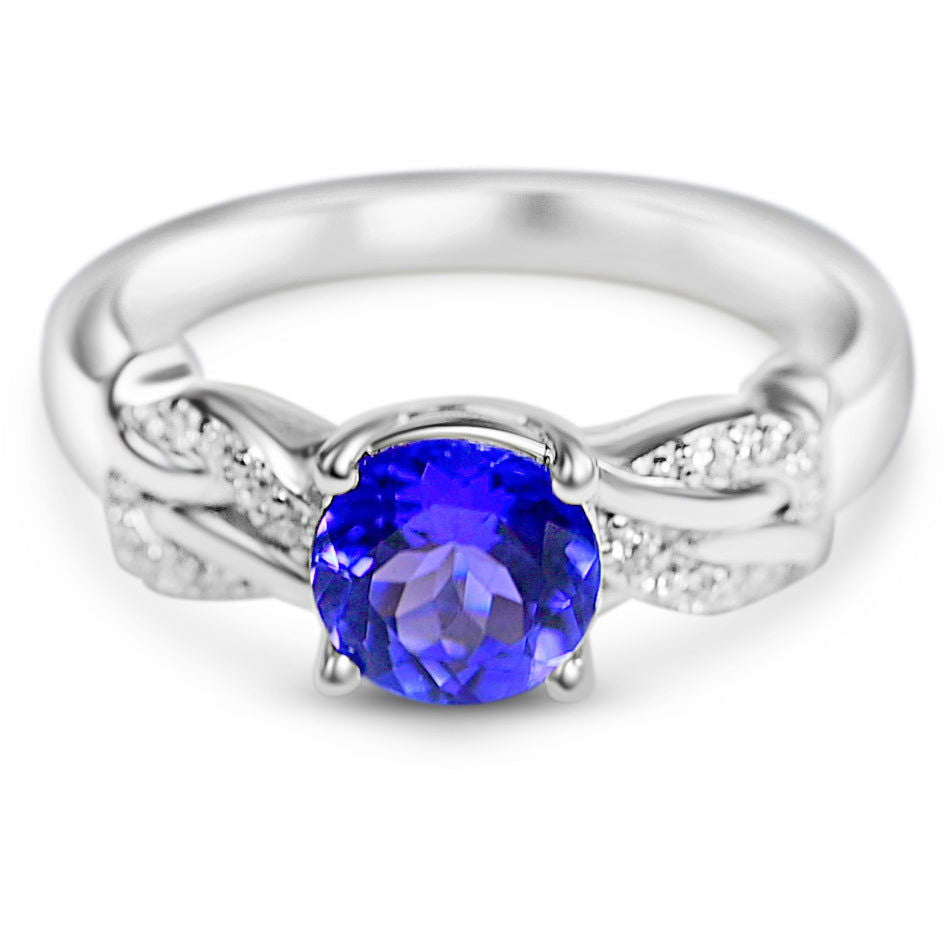 Oval tanzanite and round white CZ ring in rhodium plated 925 sterling silver, elegant 925 sterling silver tanzanite jewelry