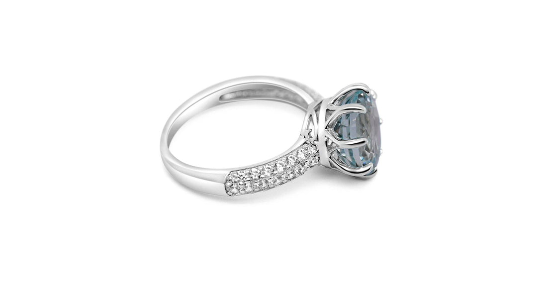 Round Aquamarine and White CZ Rhodium Plated 925 Sterling Silver Ring for Women, 4.32 Cts, elegant design