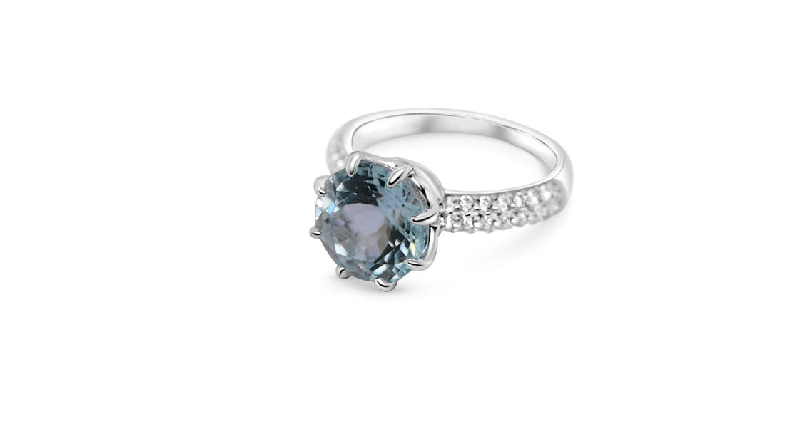 Round Aquamarine and White CZ Rhodium Plated 925 Sterling Silver Ring for Women, aquamarine silver ring for women