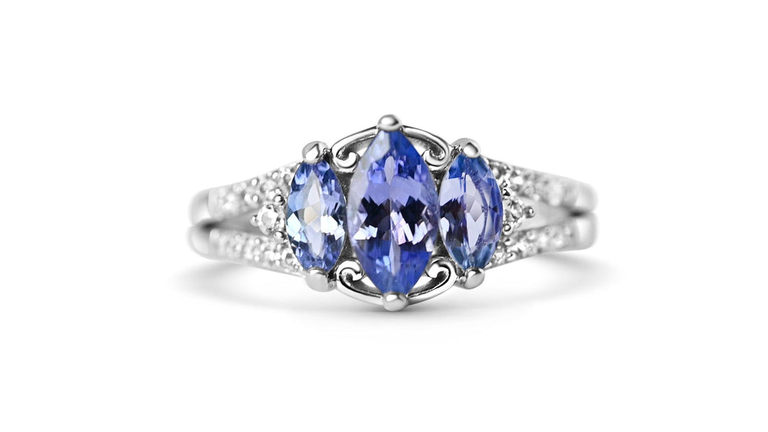 Natural Tanzanite Three Stone Rings Jewelry in Sterling Silver featuring elegant marquise-cut stones