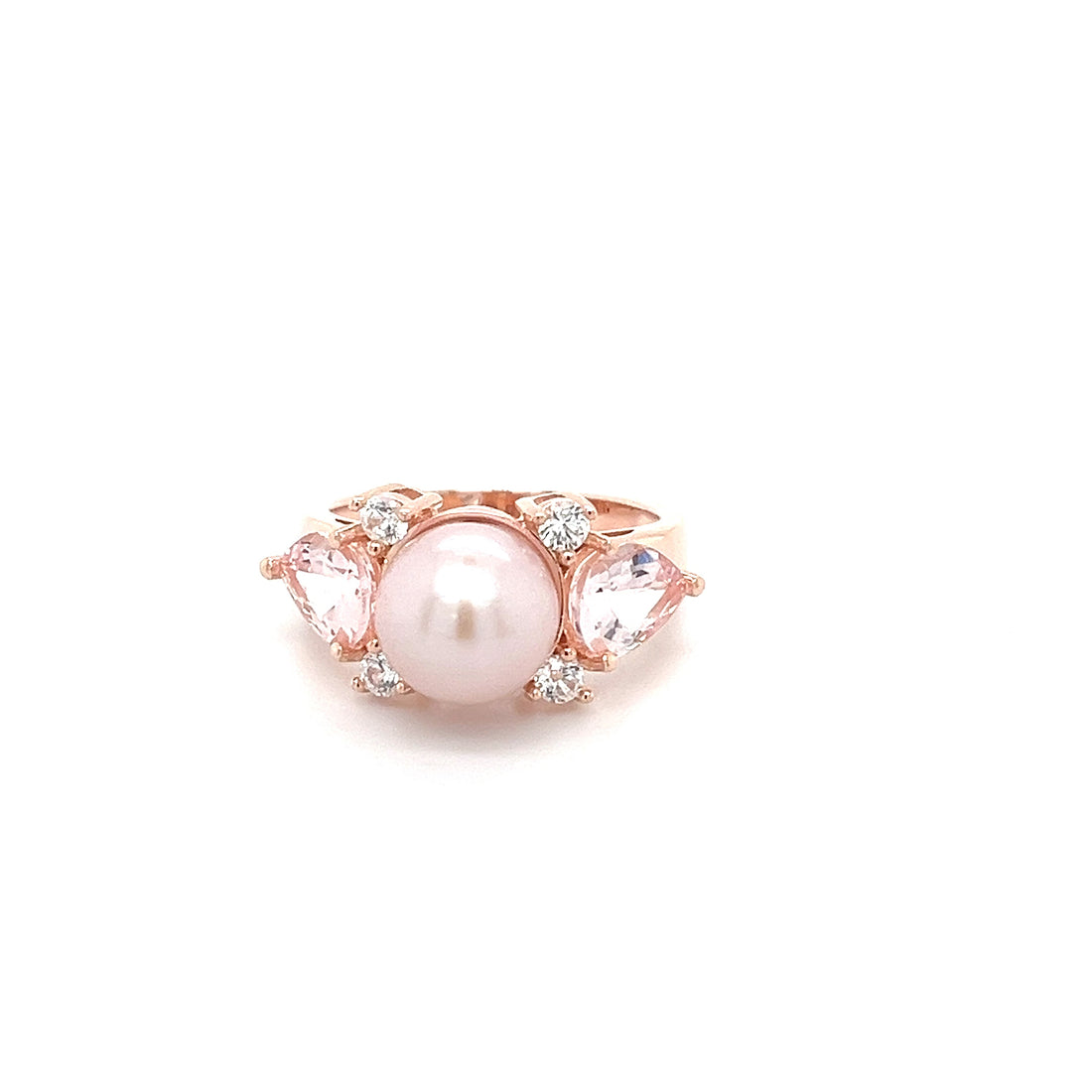 Elegant pink morganite ring 925 sterling silver featuring two pear stones and a central pearl.